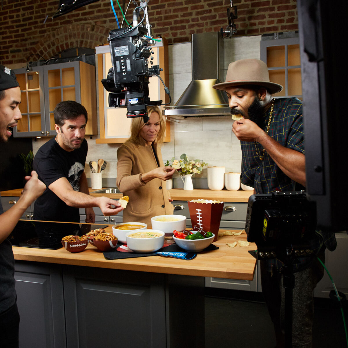 Game day food shoot with crew tasting on set