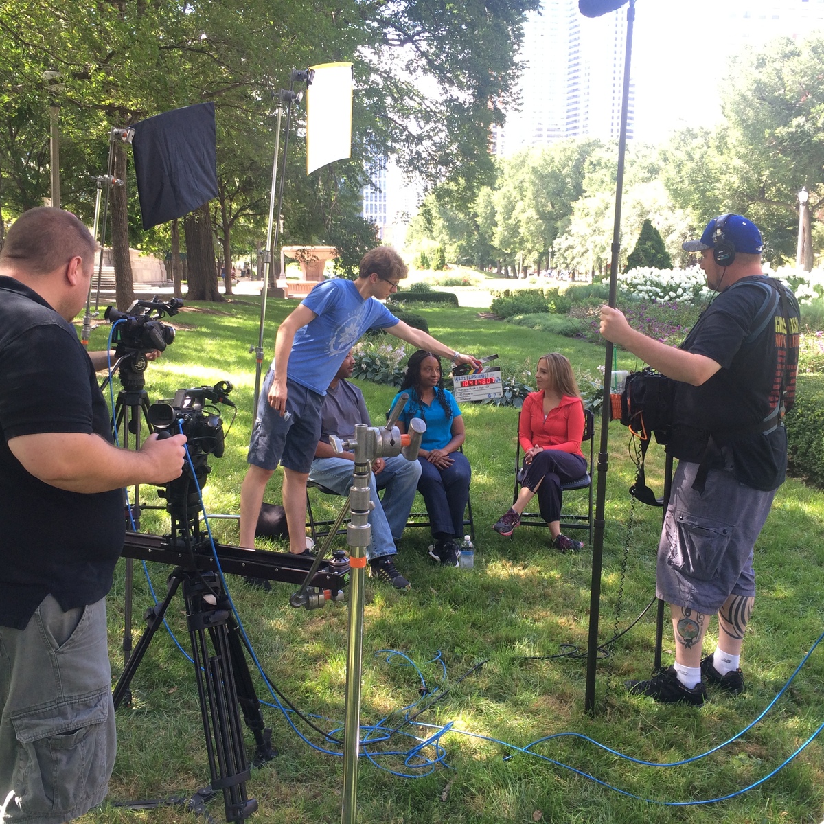 Outdoor park shoot with full crew setup